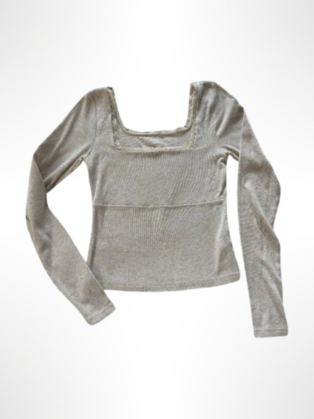 american eagle medium beige ribbed knit long-sleeve crop top with a square neckl